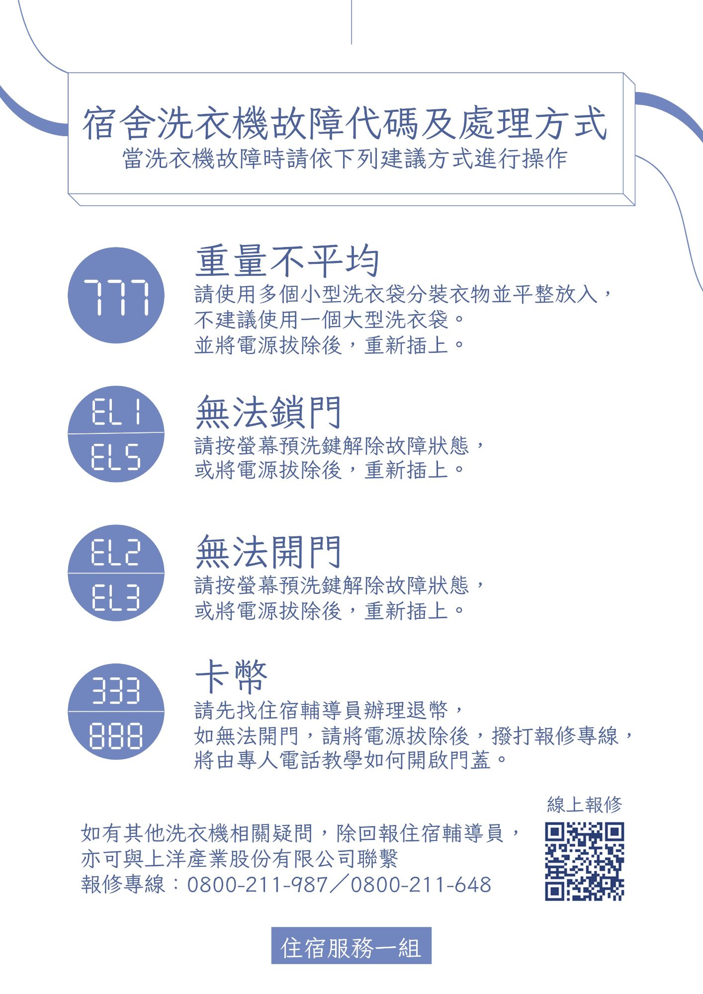 宿舍洗衣機故障代碼及處理方式宣導海報